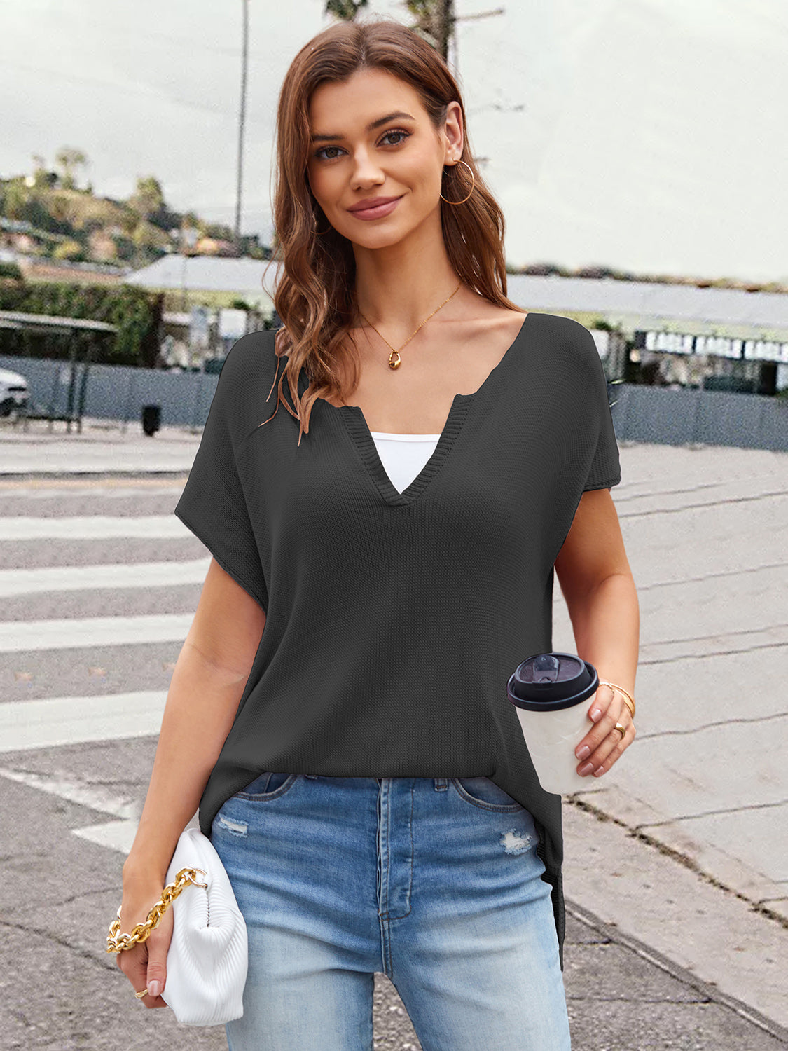 Notched Short Sleeve Knit Top