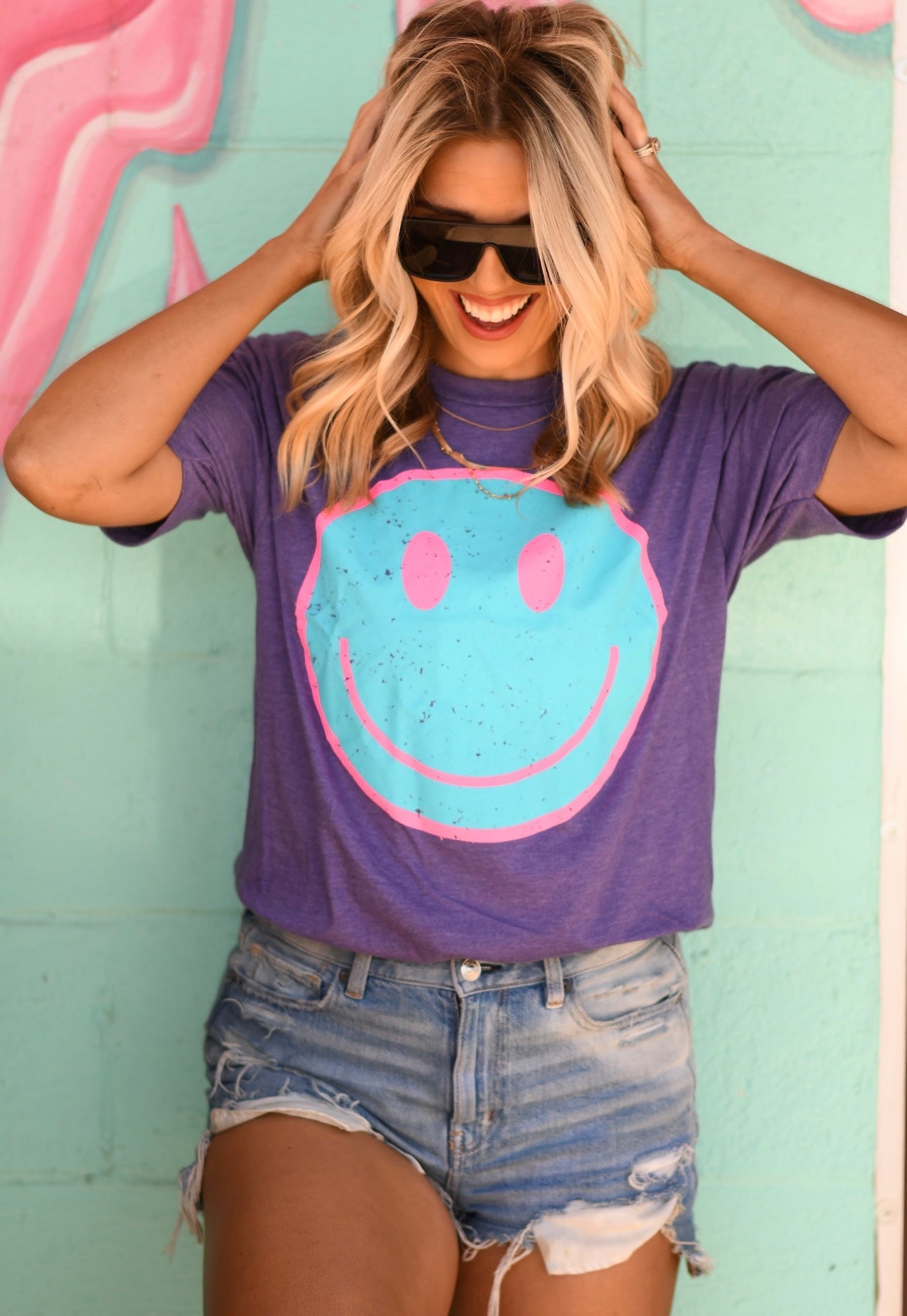 Purple Distressed Smiley Tee