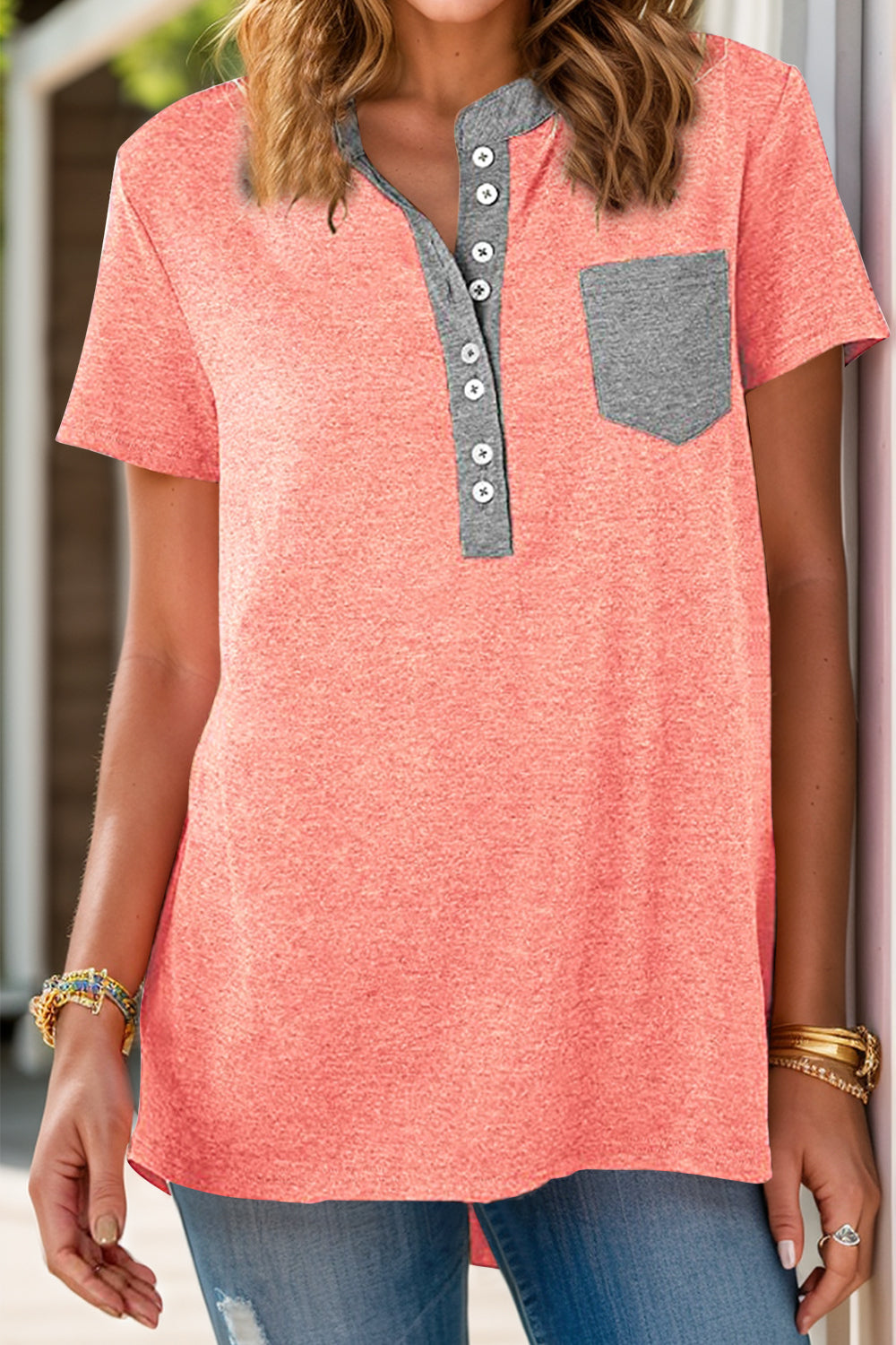 Full Size Half Button Short Sleeve T-Shirt