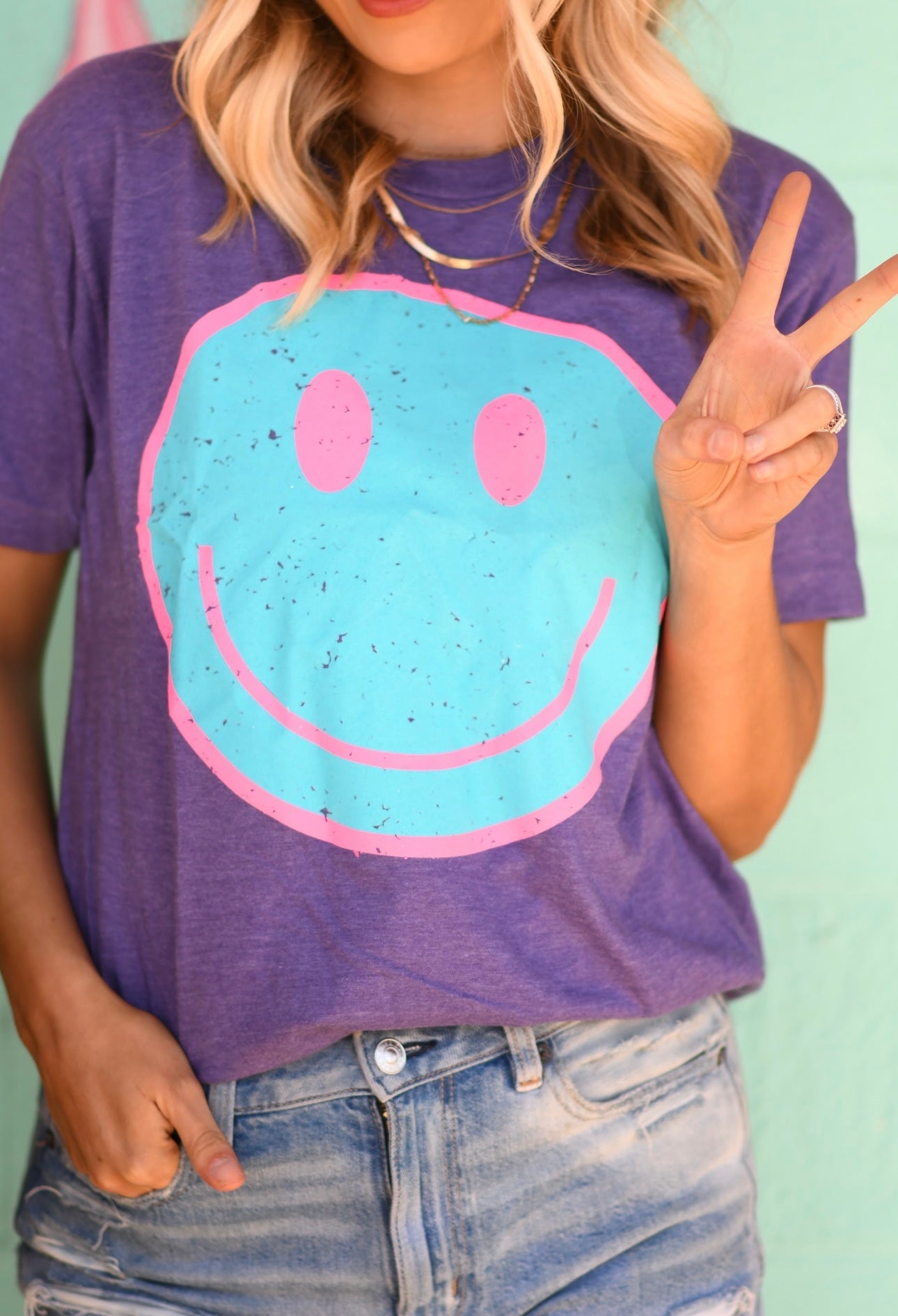 Purple Distressed Smiley Tee