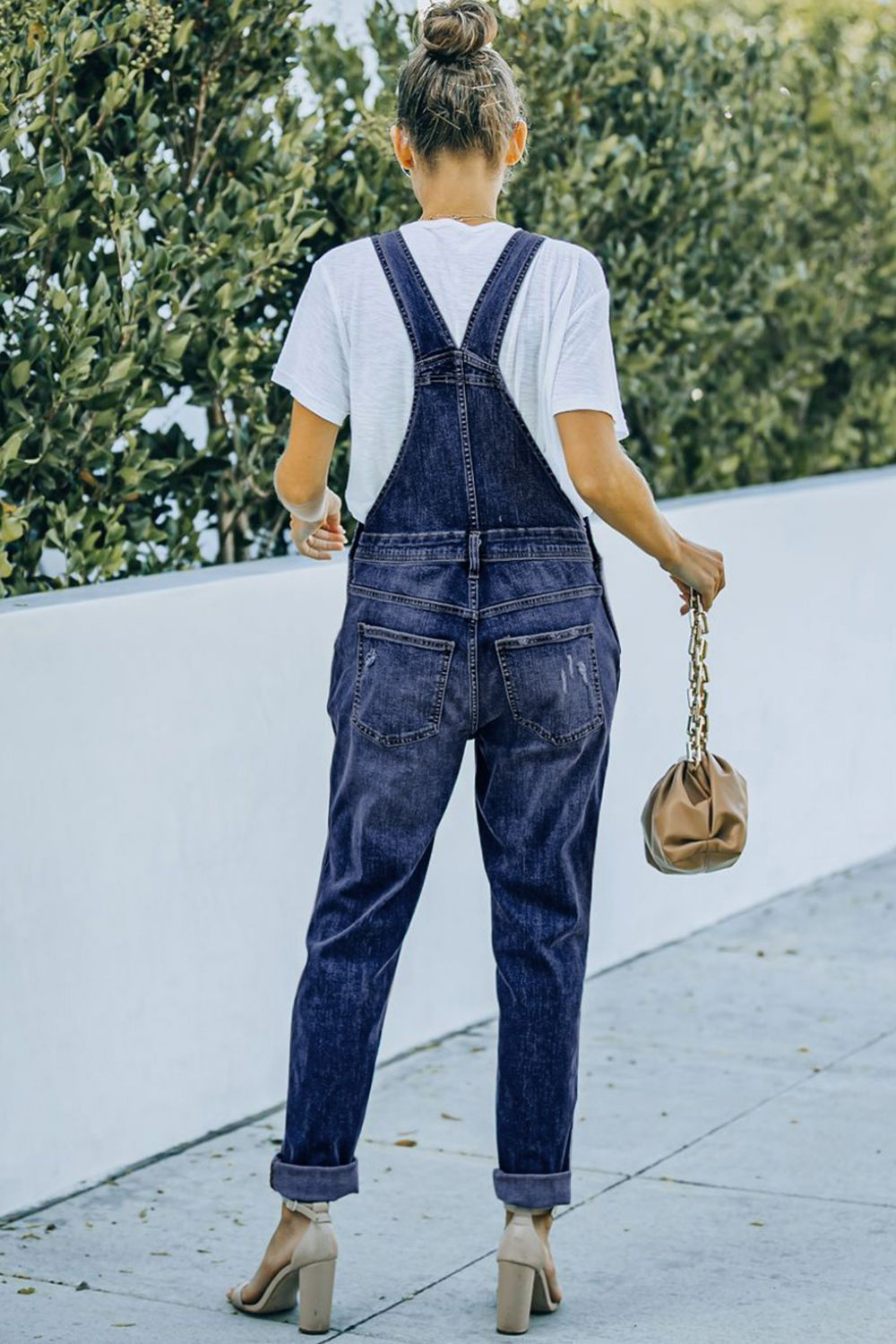 Pocketed Distressed Denim Overalls