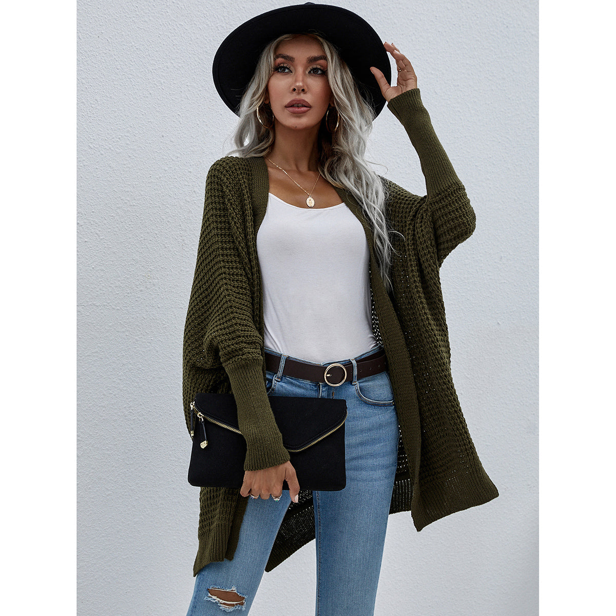 Waffle Knit Open Front Cardigan--Trendsi