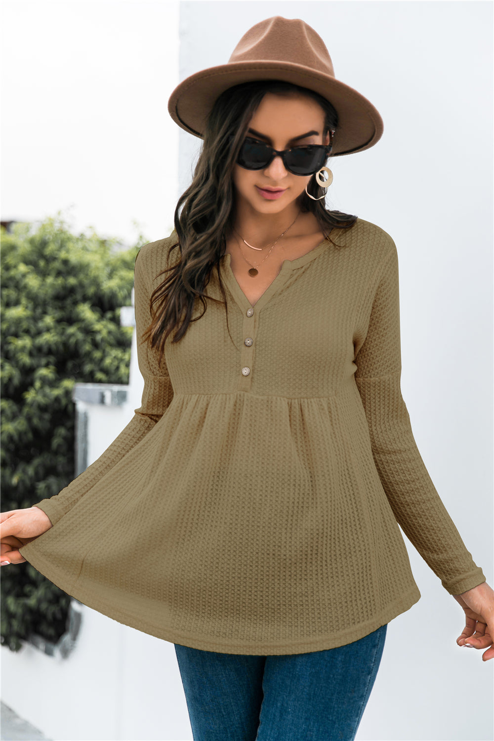 Button Front Waffle Knit Babydoll Top-Shirt-Trendsi