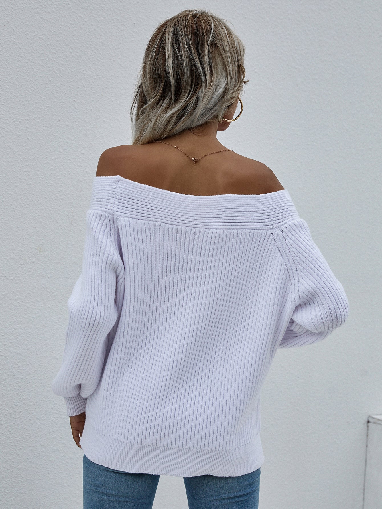 Off-Shoulder Rib-Knit Sweater-Sweater-Trendsi