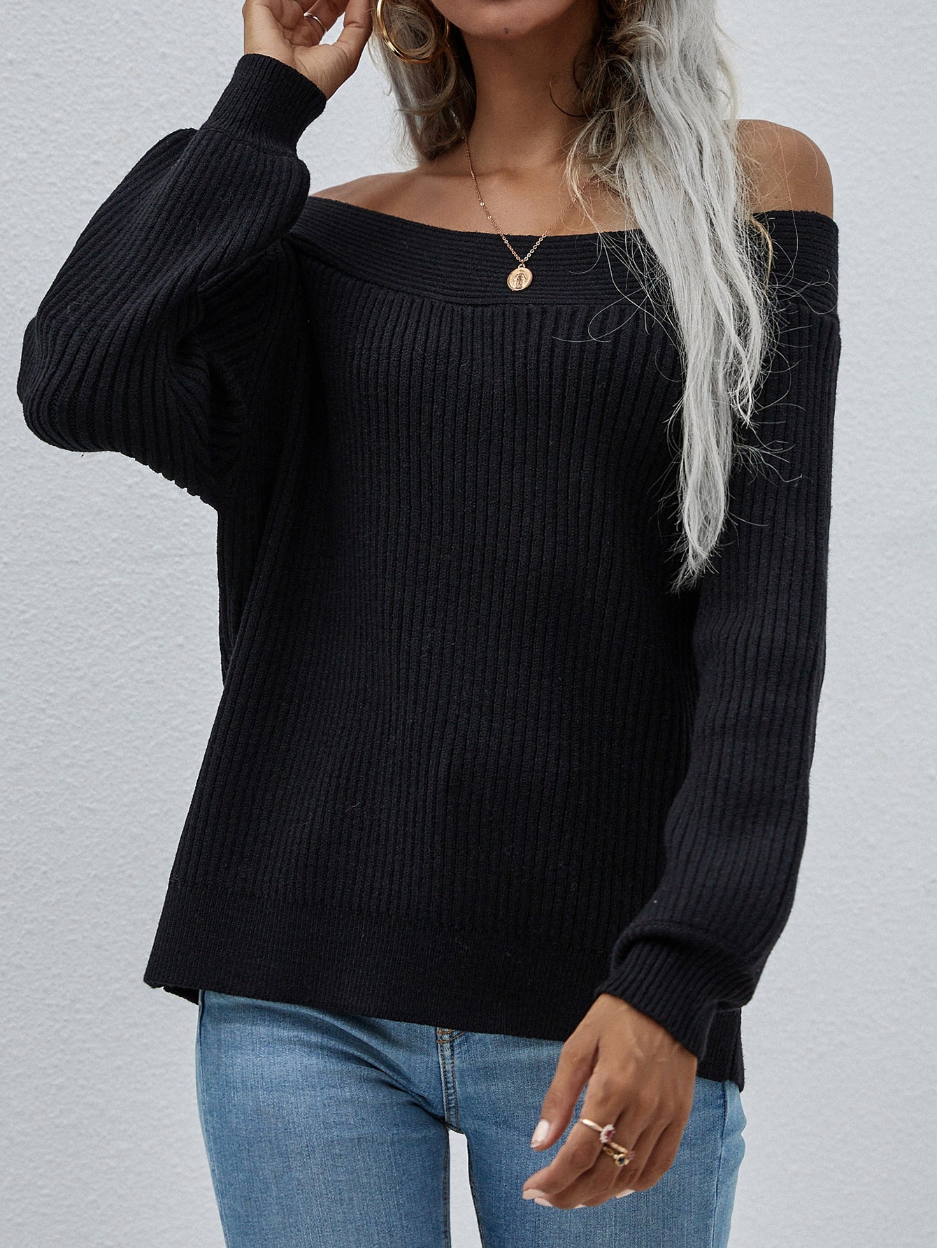 Off-Shoulder Rib-Knit Sweater-Sweater-Trendsi