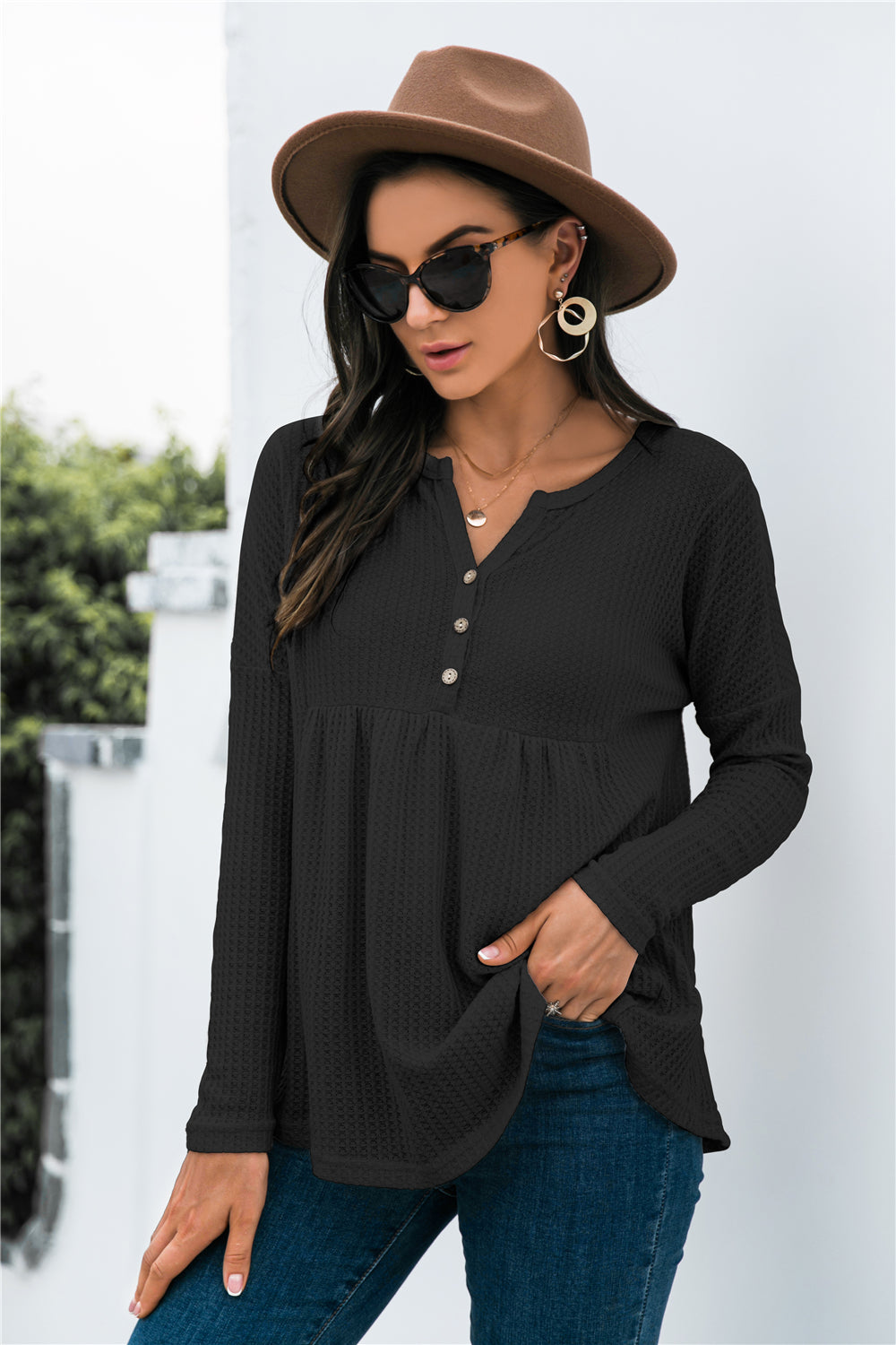 Button Front Waffle Knit Babydoll Top-Shirt-Trendsi