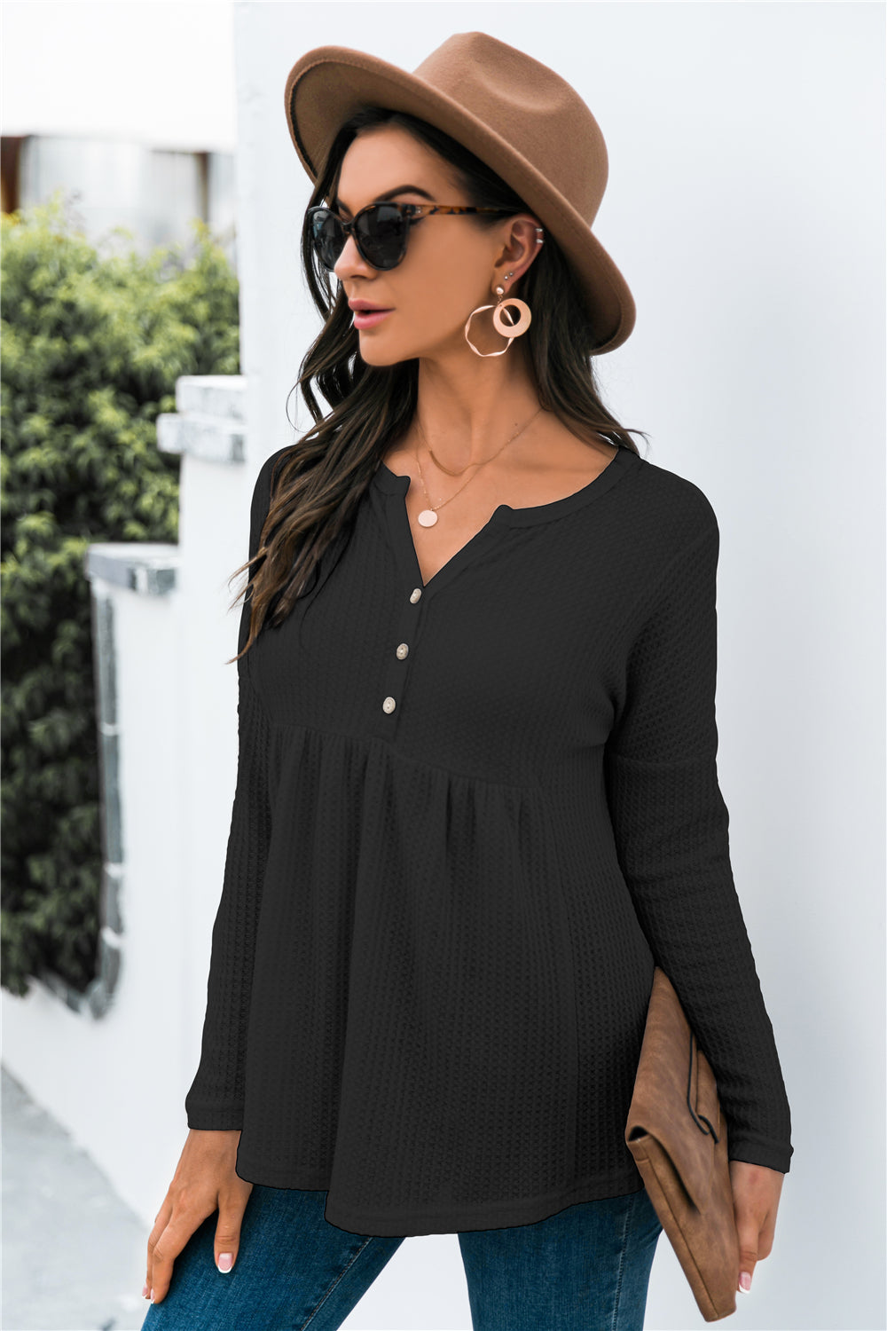 Button Front Waffle Knit Babydoll Top-Shirt-Trendsi