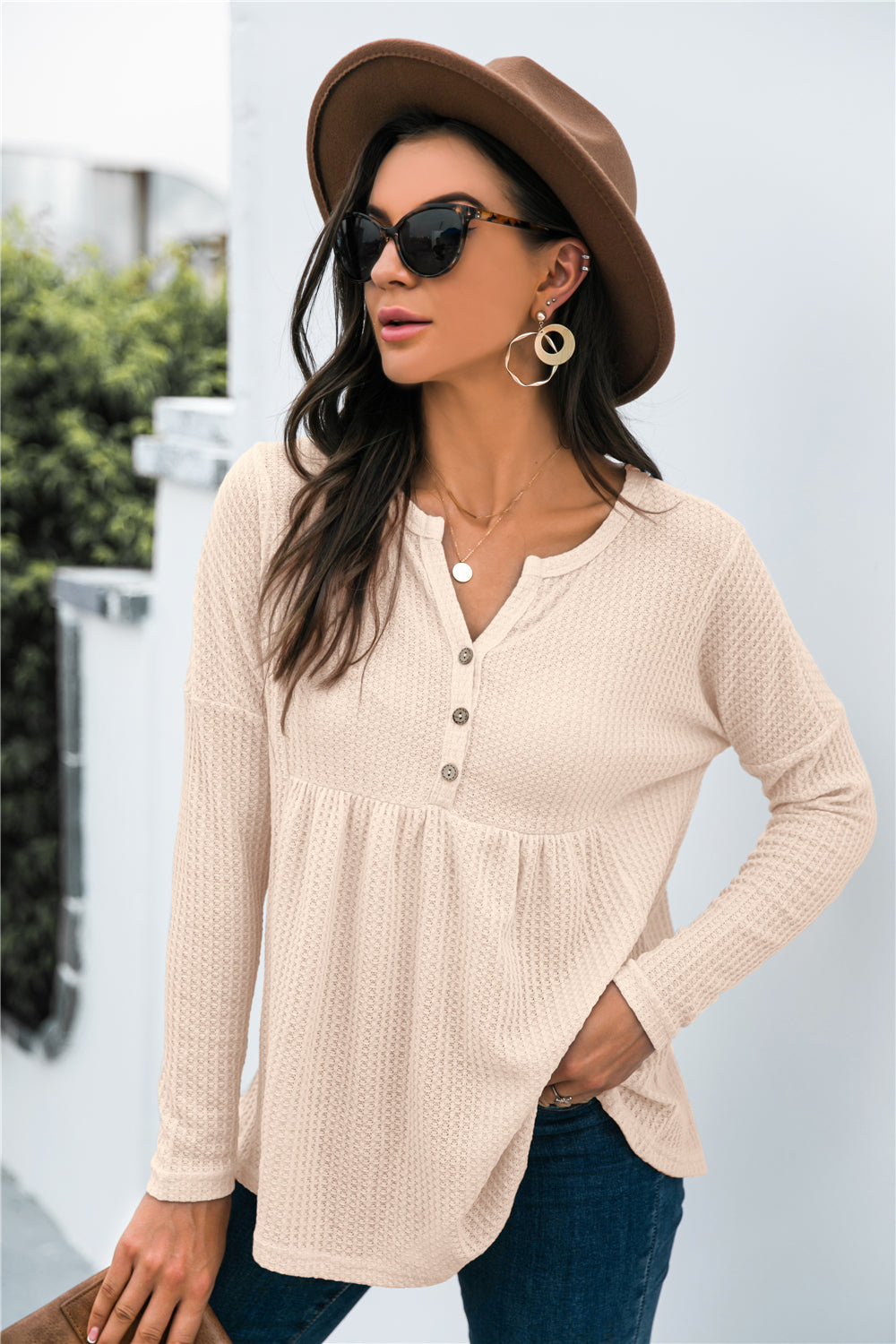 Button Front Waffle Knit Babydoll Top-Shirt-Trendsi