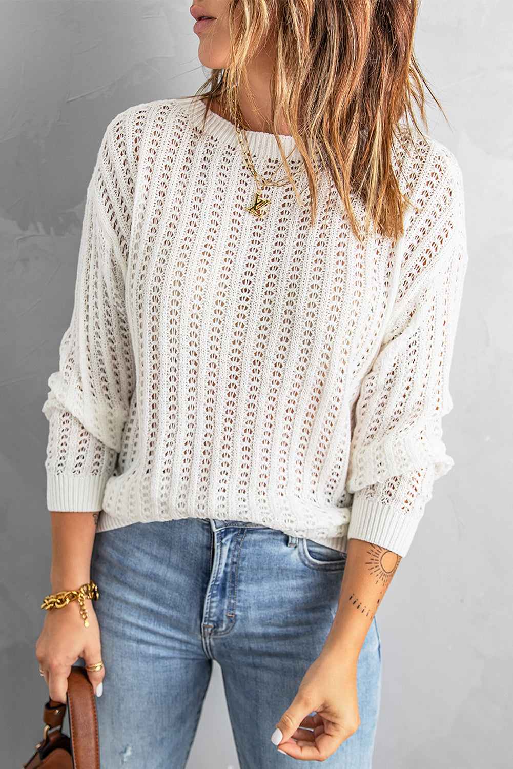 Dropped Shoulder Openwork Sweater-sweater-Trendsi