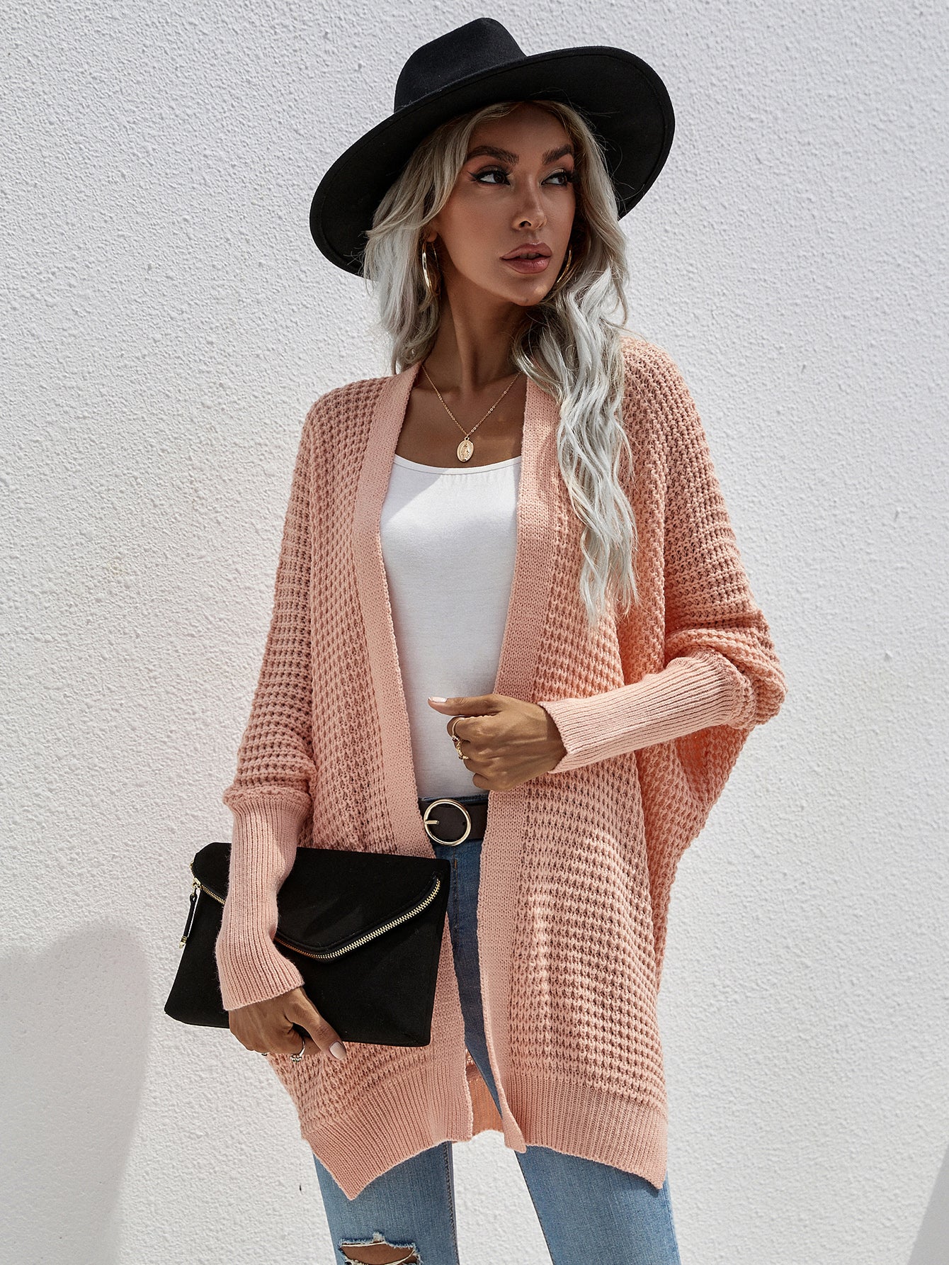 Waffle Knit Open Front Cardigan--Trendsi