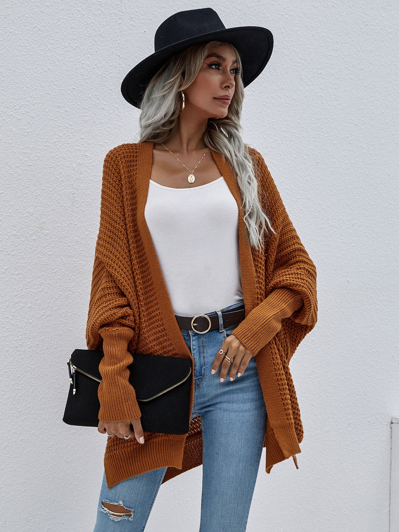 Waffle Knit Open Front Cardigan--Trendsi