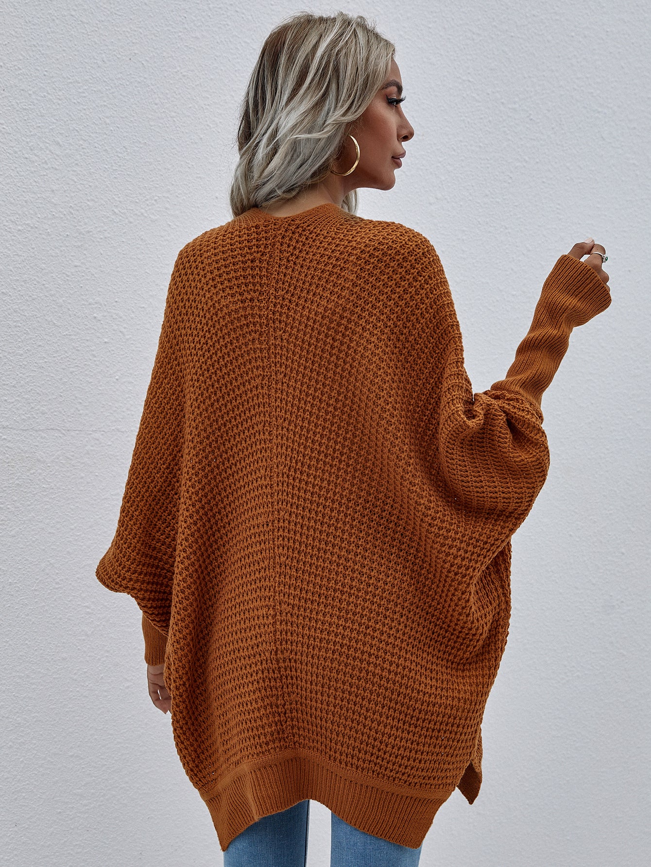 Waffle Knit Open Front Cardigan--Trendsi