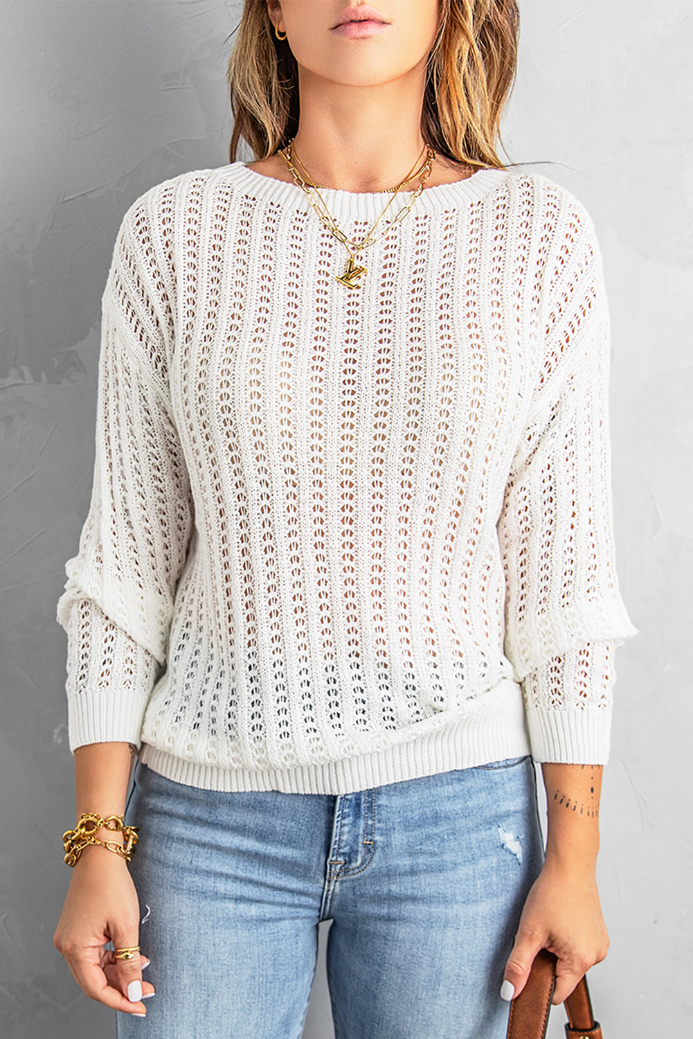 Dropped Shoulder Openwork Sweater-sweater-Trendsi