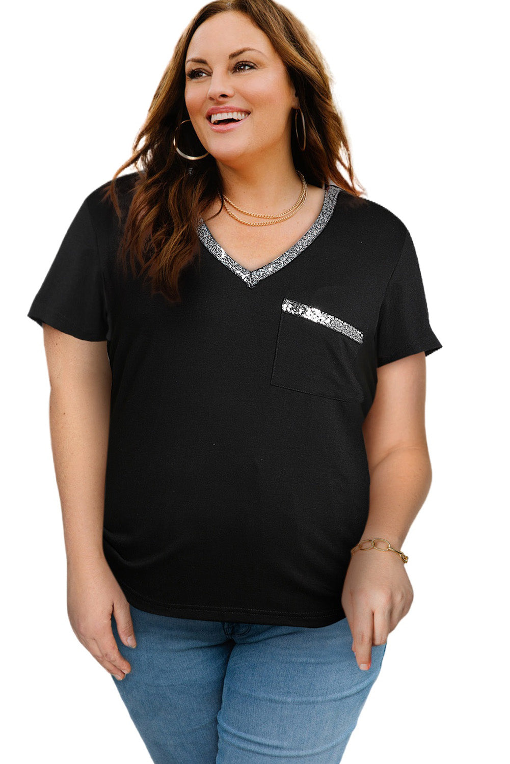 Plus Size Contrast Sequin V-Neck Tee Shirt