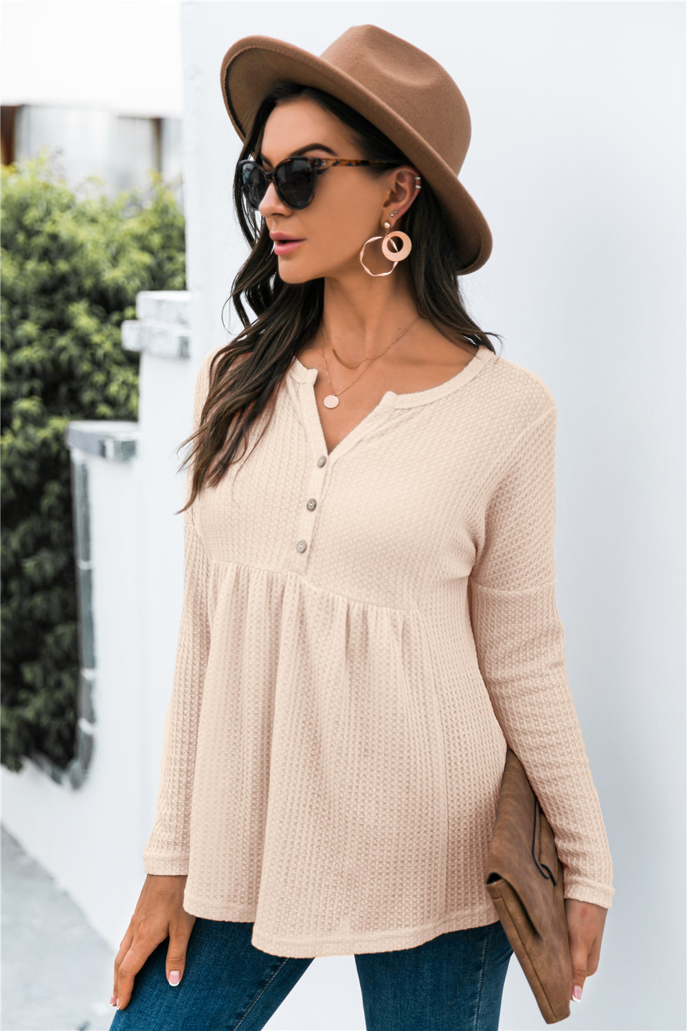 Button Front Waffle Knit Babydoll Top-Shirt-Trendsi