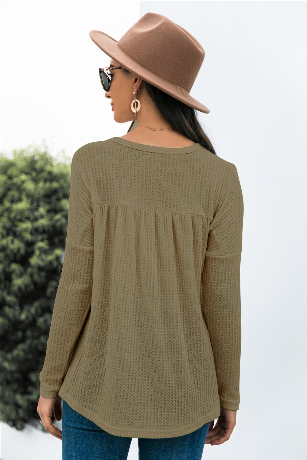 Button Front Waffle Knit Babydoll Top-Shirt-Trendsi