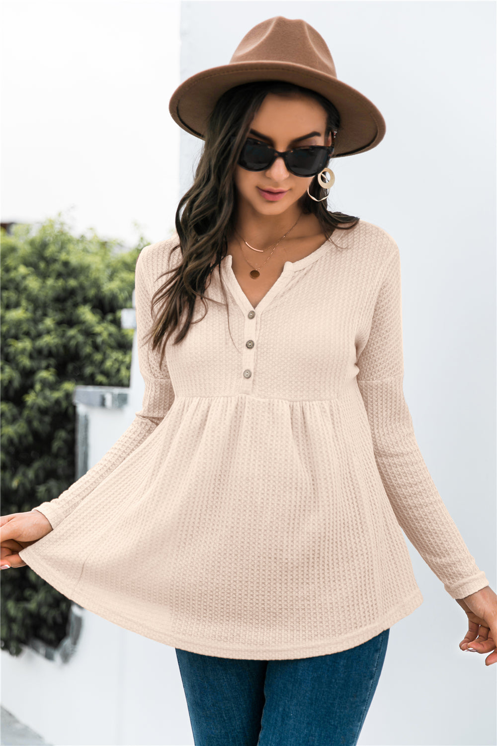 Button Front Waffle Knit Babydoll Top-Shirt-Trendsi