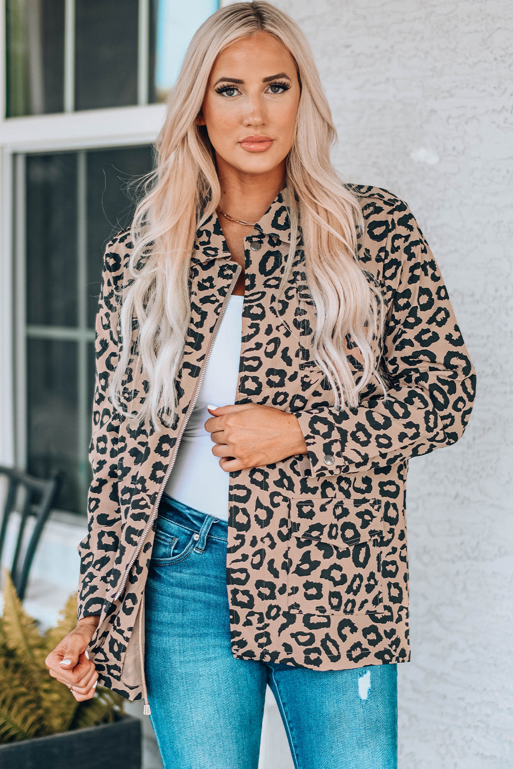 Leopard Drawstring Waist Jacket with Pockets