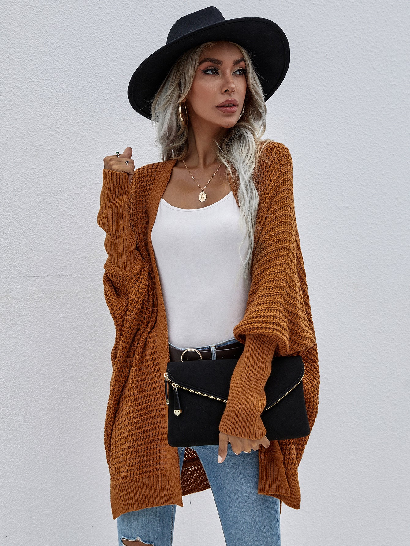 Waffle Knit Open Front Cardigan--Trendsi