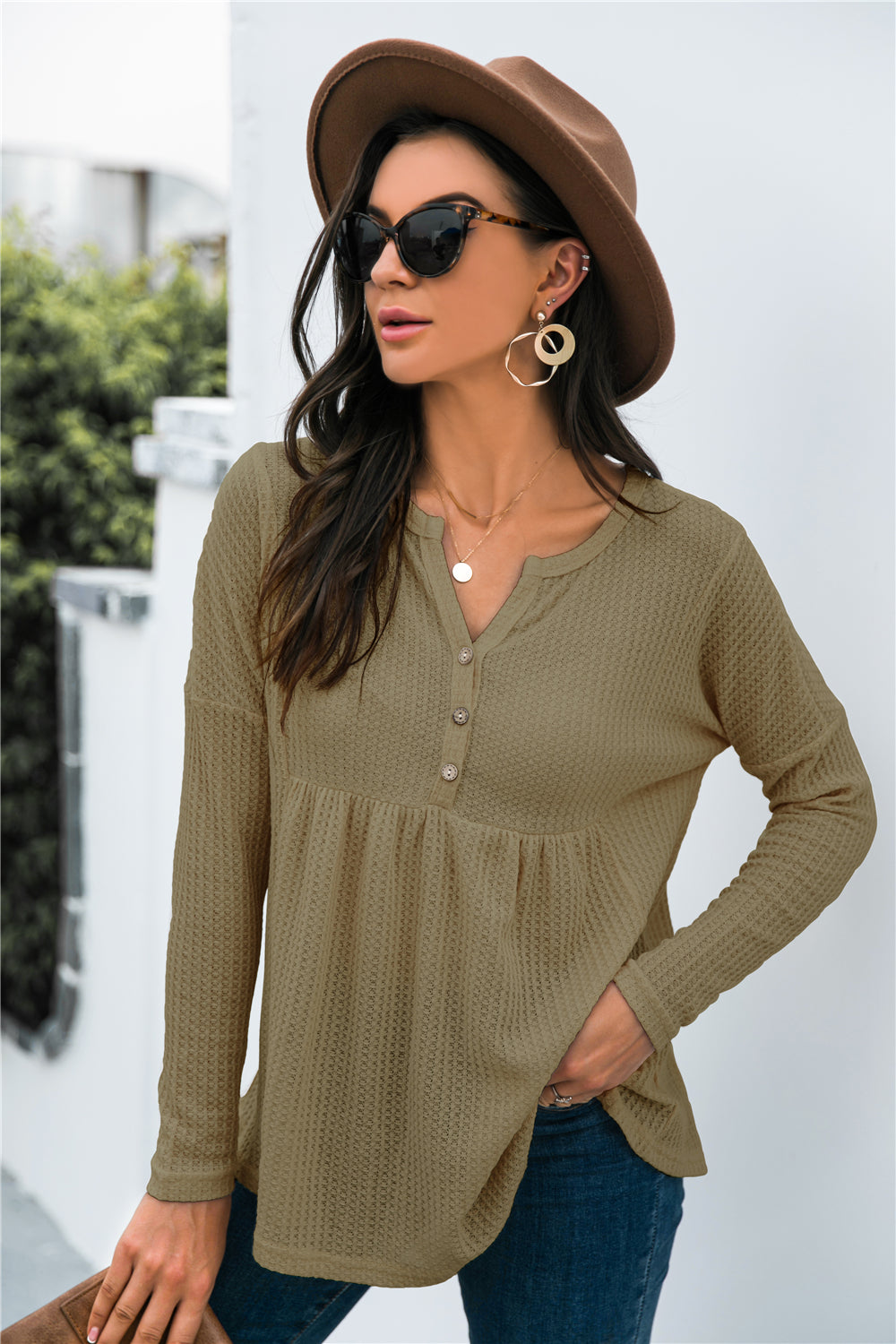 Button Front Waffle Knit Babydoll Top-Shirt-Trendsi