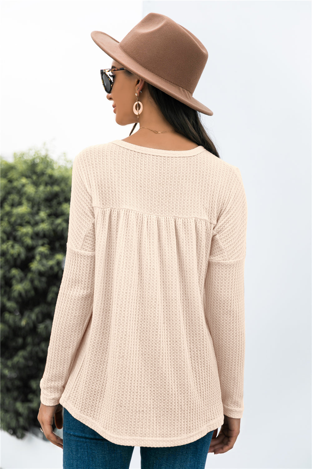 Button Front Waffle Knit Babydoll Top-Shirt-Trendsi