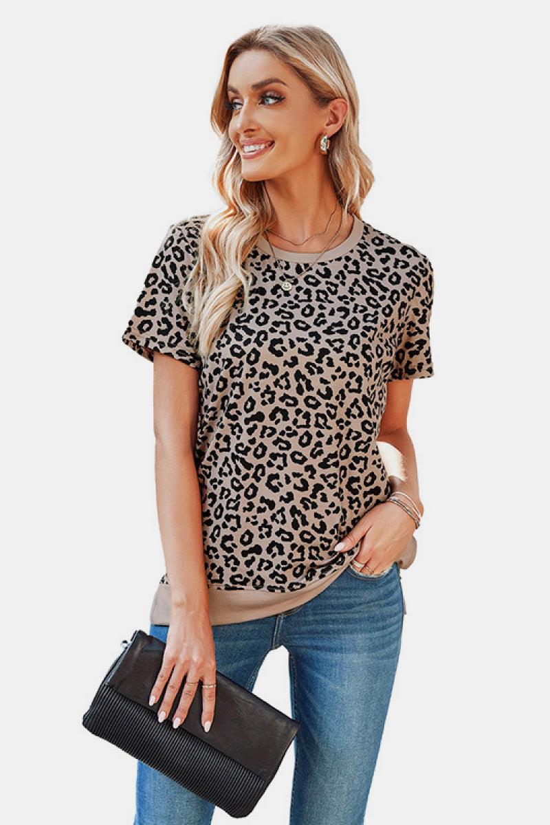 Leopard Print Short Sleeve Tee--Trendsi