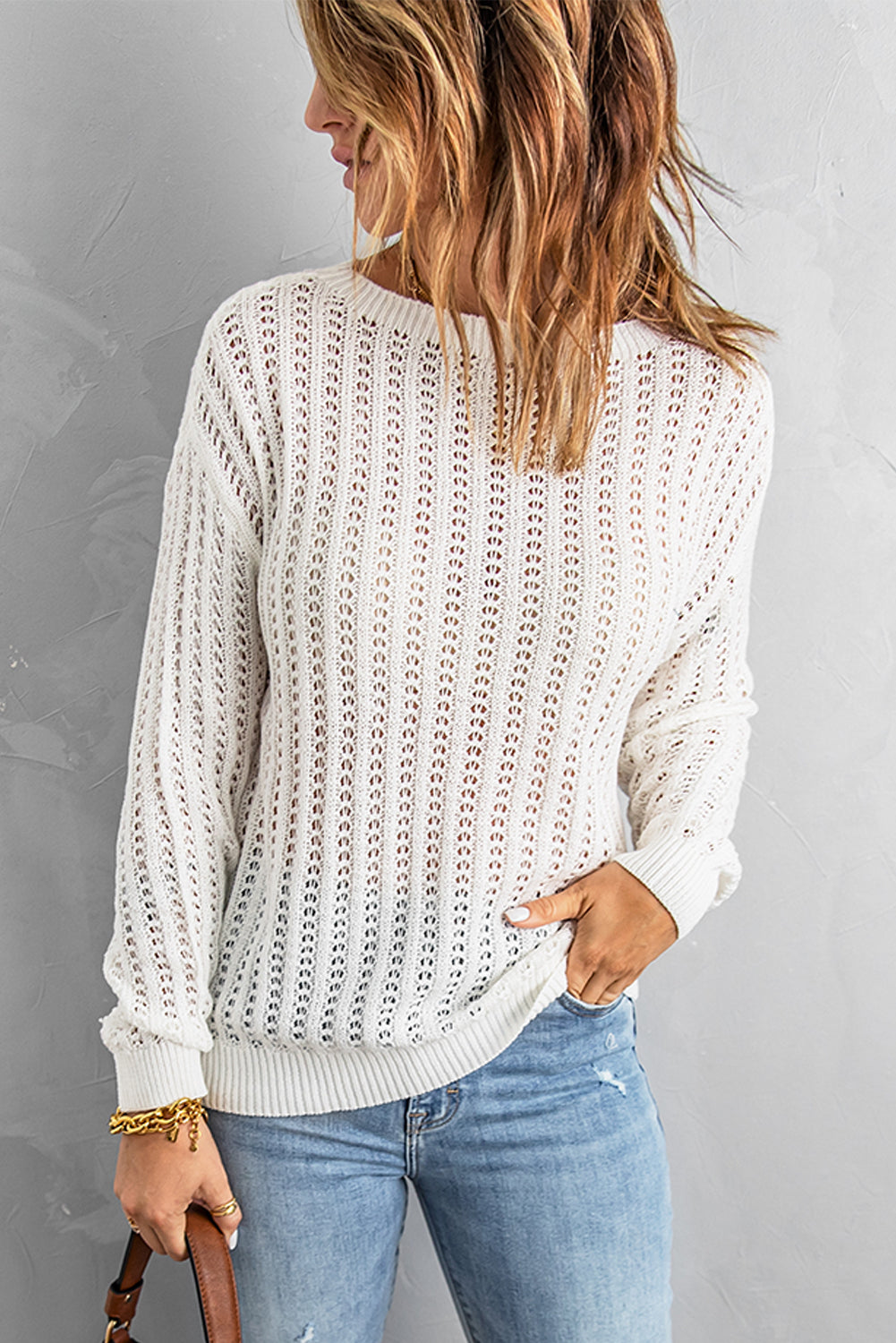 Dropped Shoulder Openwork Sweater-sweater-Trendsi