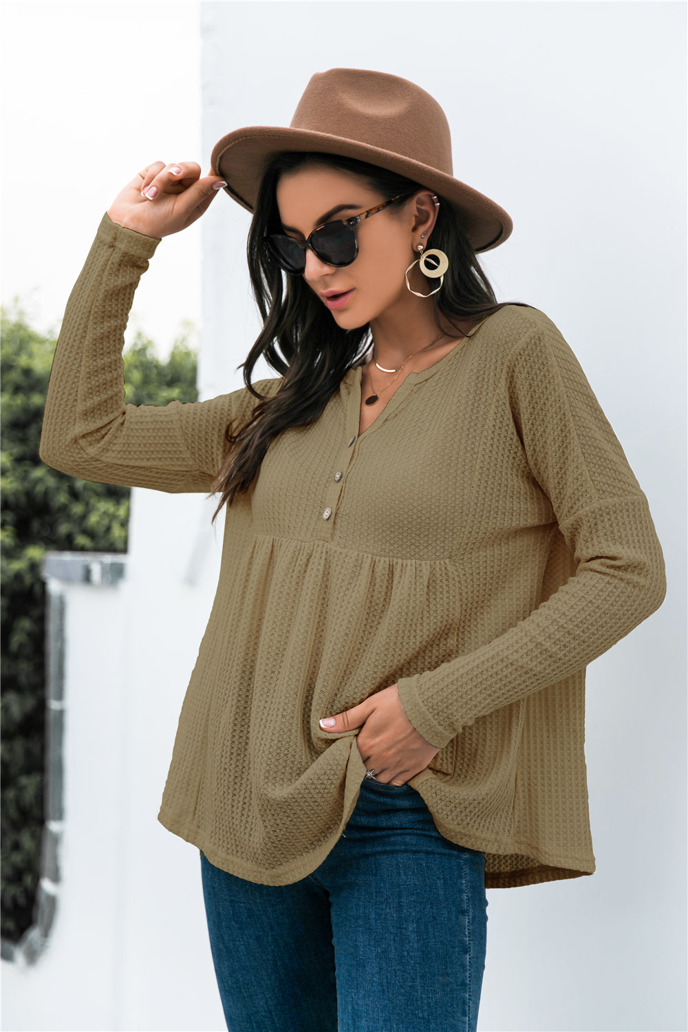 Button Front Waffle Knit Babydoll Top-Shirt-Trendsi