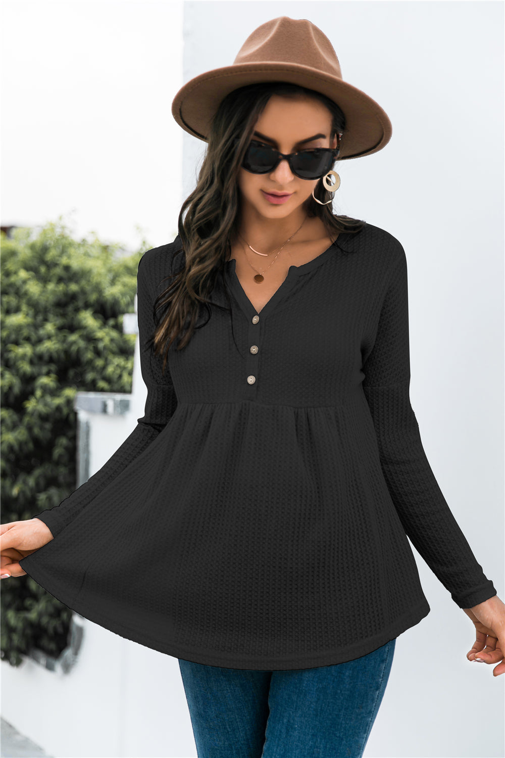 Button Front Waffle Knit Babydoll Top-Shirt-Trendsi