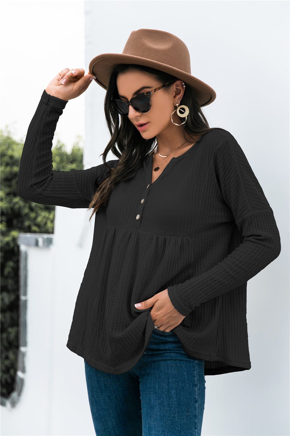 Button Front Waffle Knit Babydoll Top-Shirt-Trendsi