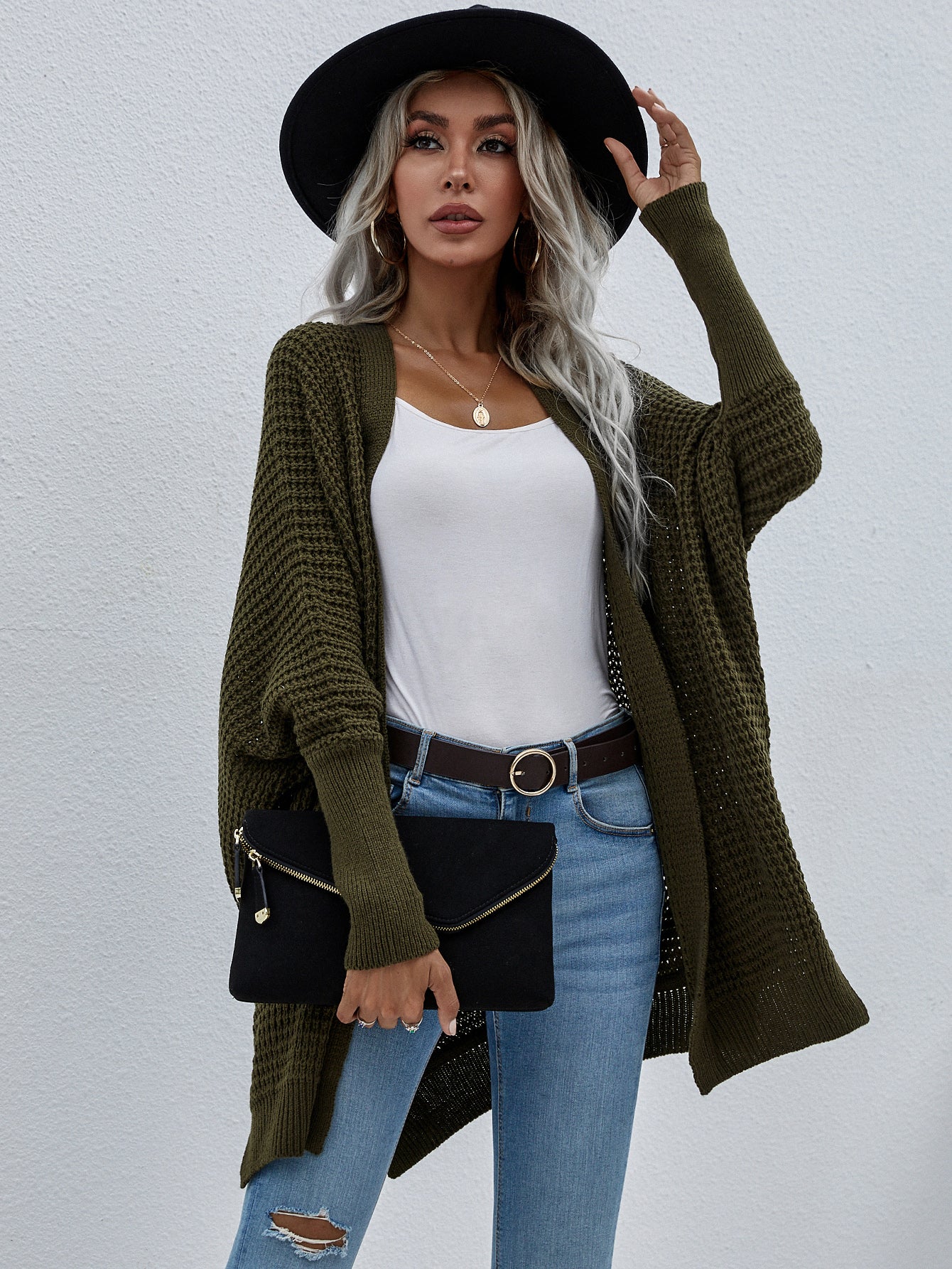 Waffle Knit Open Front Cardigan--Trendsi