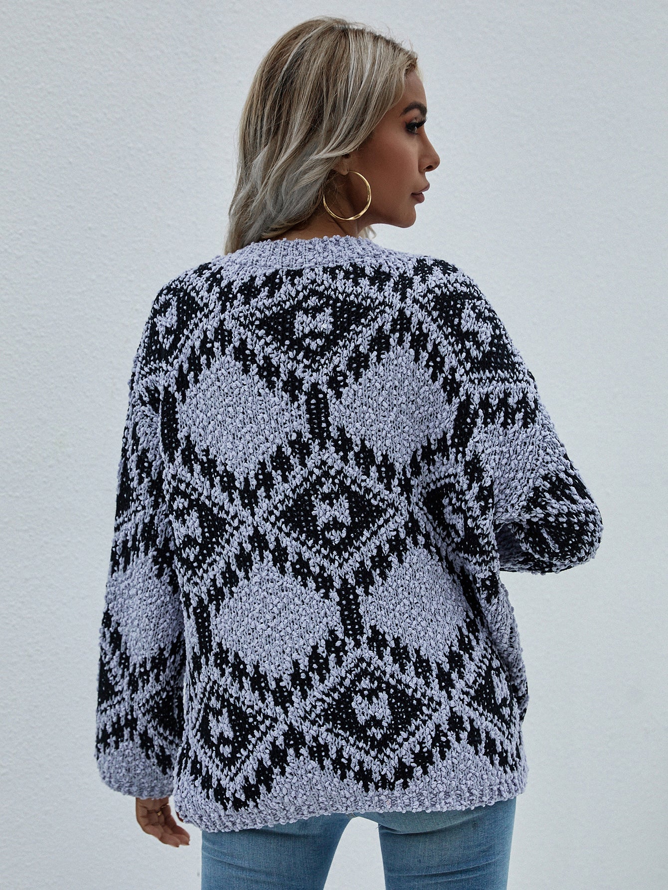 Geometric Print Chunky Knit Sweater-sweater-Trendsi
