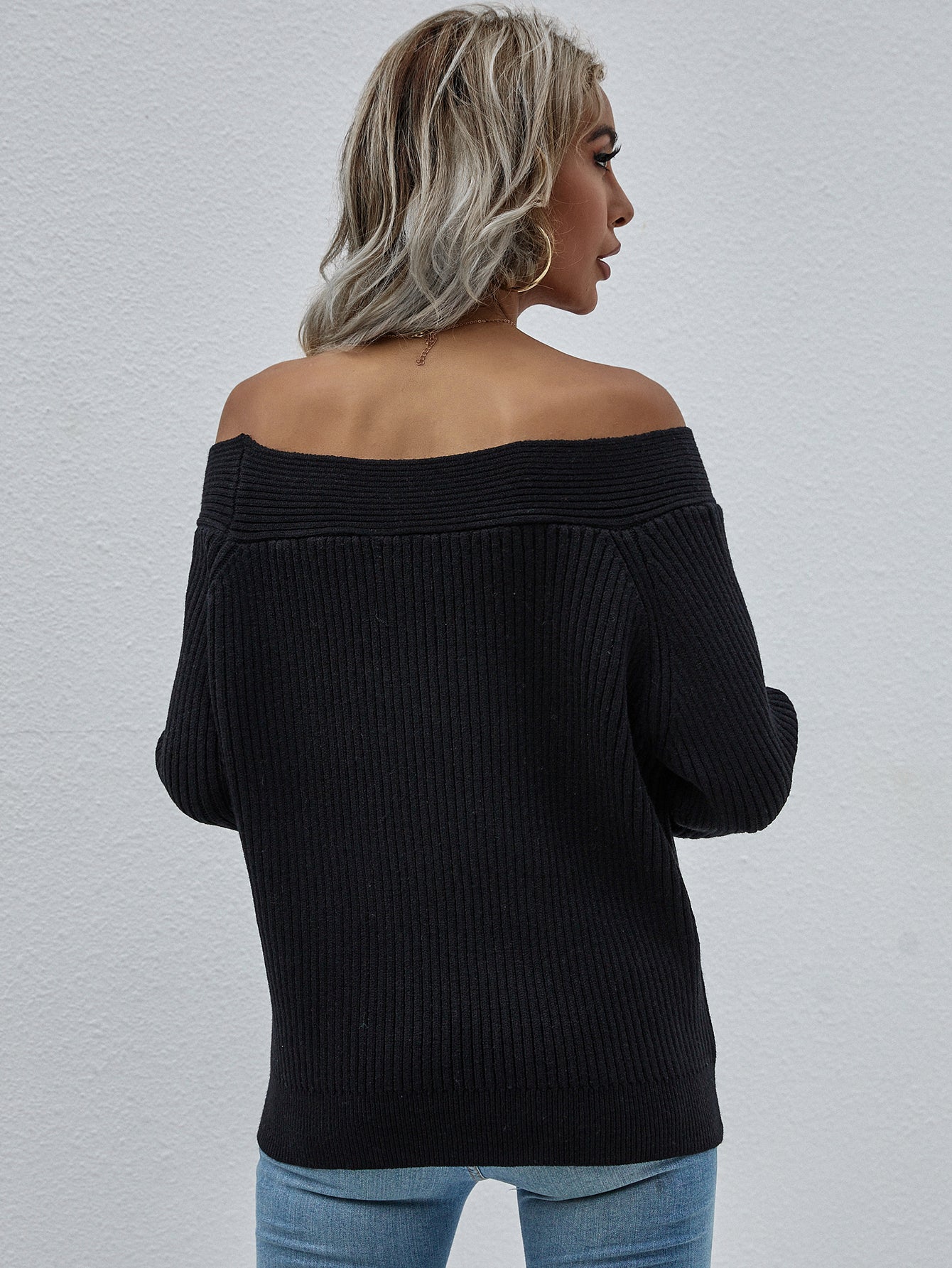 Off-Shoulder Rib-Knit Sweater-Sweater-Trendsi