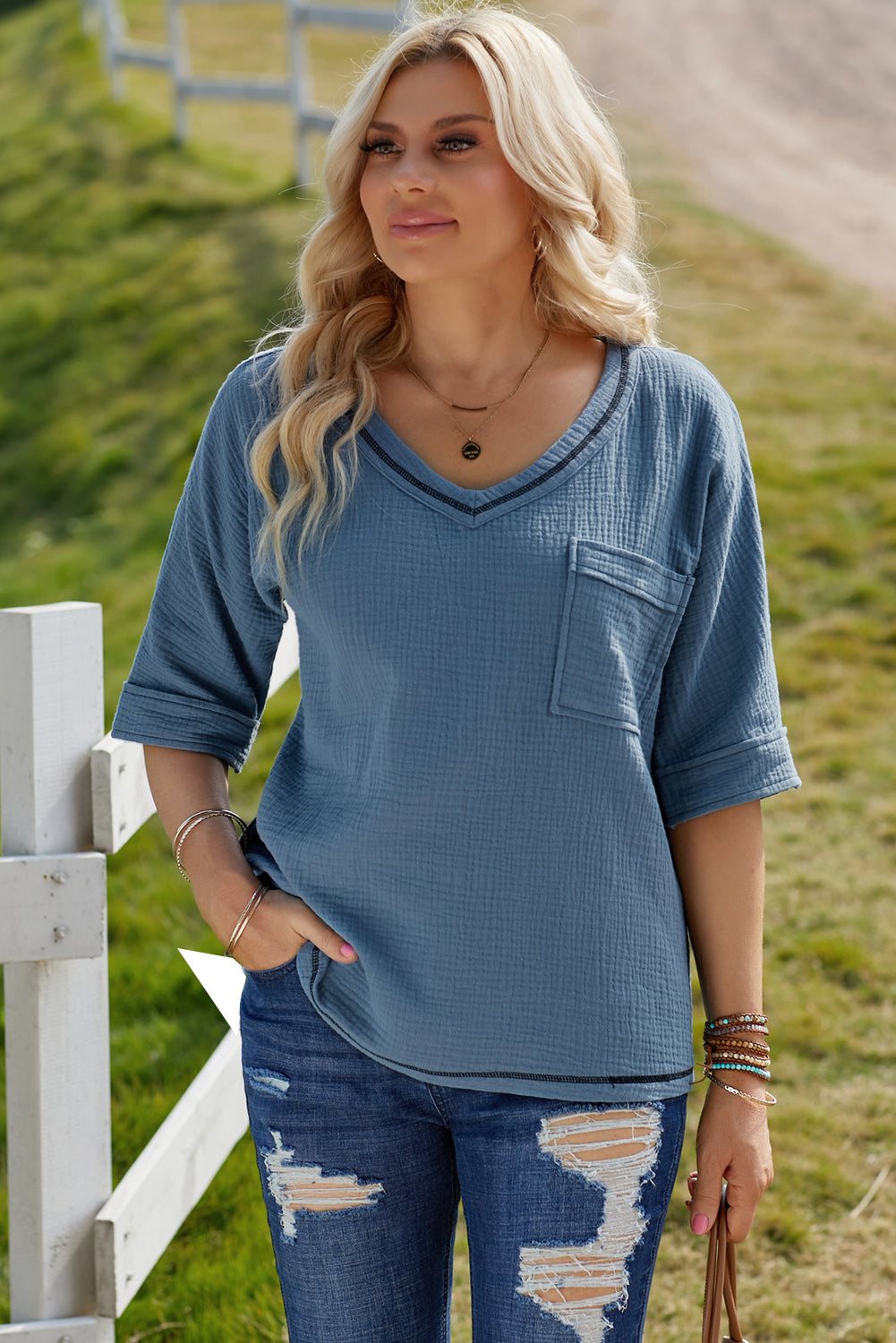 Textured V-Neck Half Sleeve Blouse