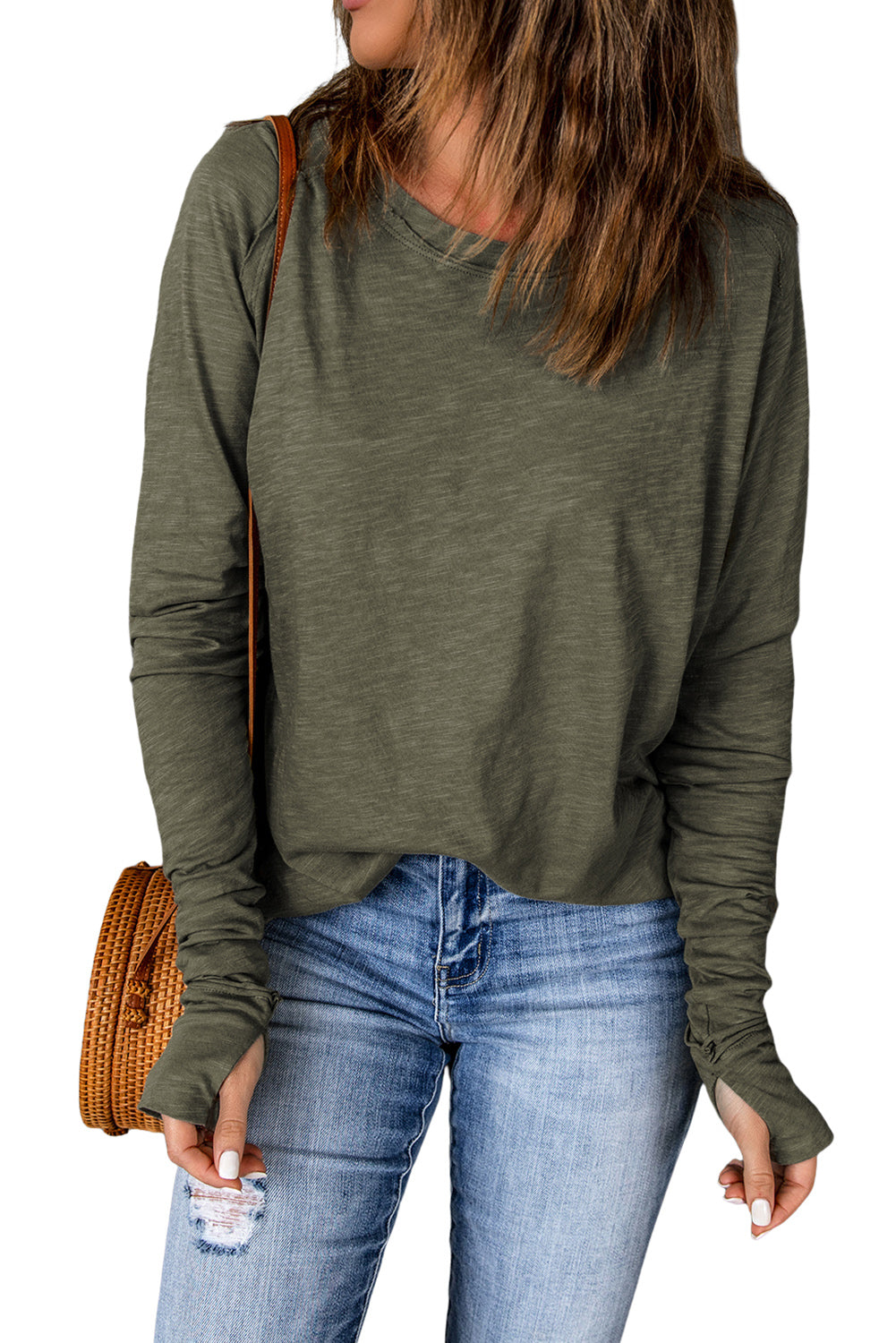 Thumbhole Long Sleeve Round Neck Top