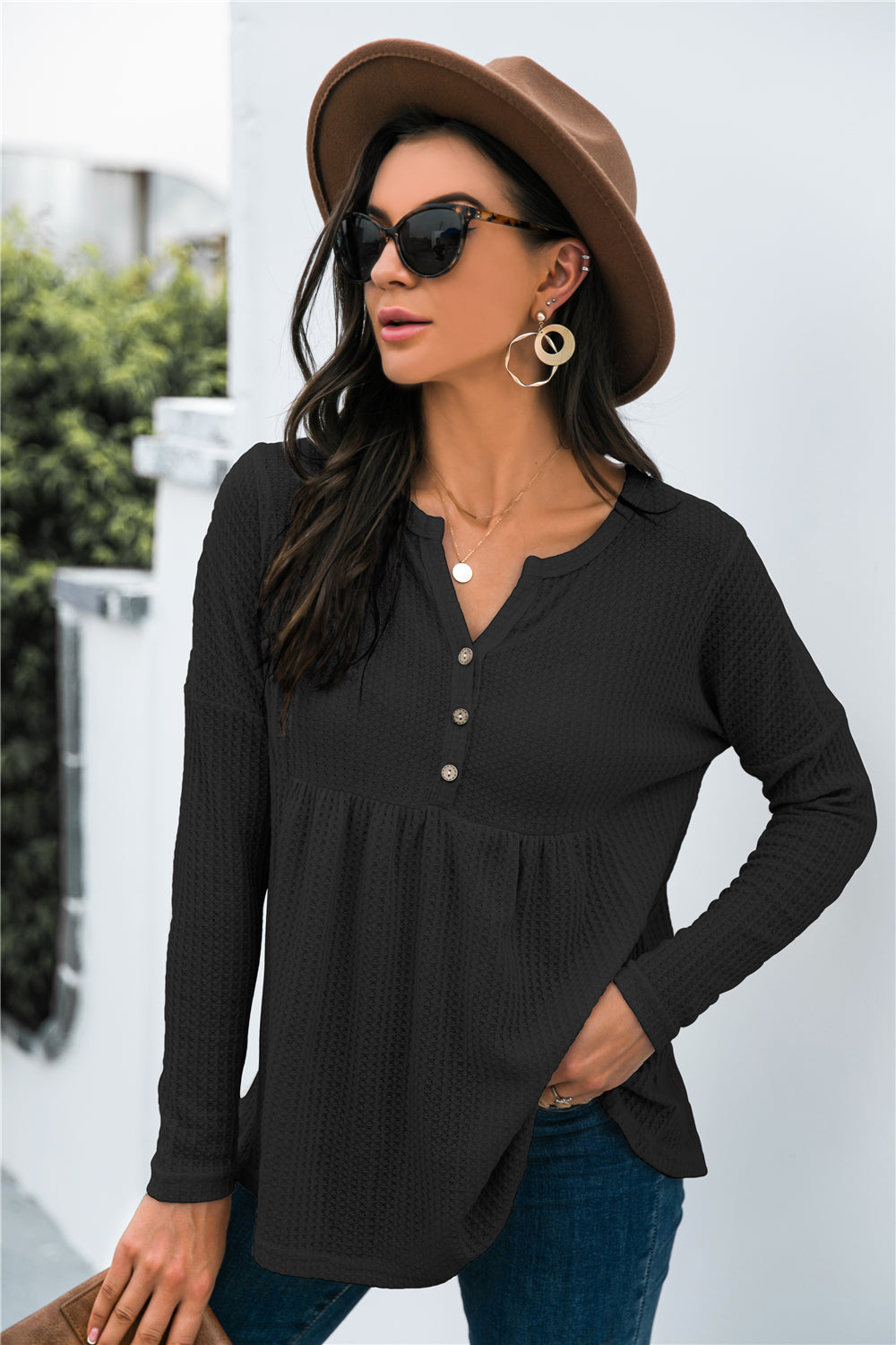 Button Front Waffle Knit Babydoll Top-Shirt-Trendsi