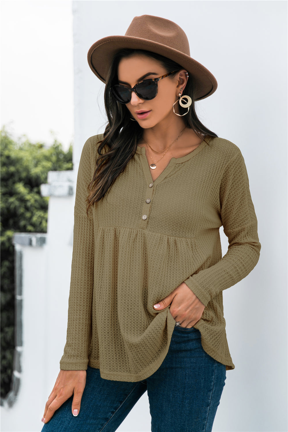 Button Front Waffle Knit Babydoll Top-Shirt-Trendsi