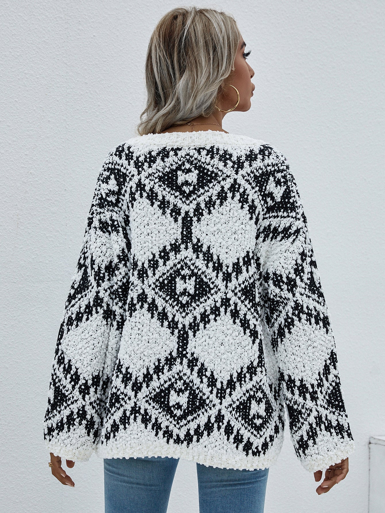 Geometric Print Chunky Knit Sweater-sweater-Trendsi